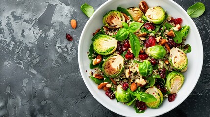 Fototapeta premium Fried brussels sprouts salad with quinoa, cranberries and nuts in a white bowl.