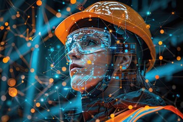 Fototapeta premium Illustration of a construction worker wearing a hard hat, high-visibility vest, safety goggles, and steel-toe boots, with icons highlighting each safety feature