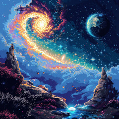 Fototapeta premium StellarPixel Galaxy A Celestial Journey in 16Bit