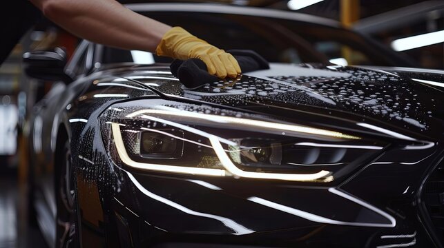 man cleaning black car with microfiber cloth auto detailing or valeting concept