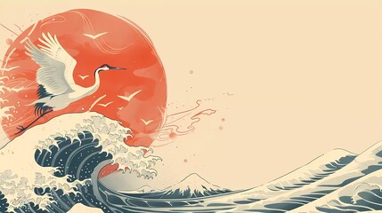 Japanese background with hand drawn waves in vintage style. Chinese art landscape banner design. Water surface element. Crane bird element. 