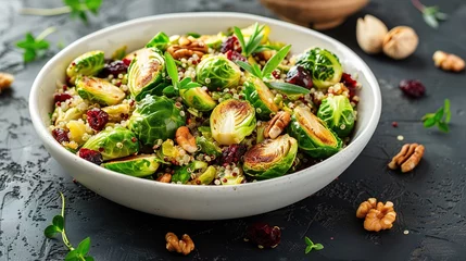 Poster Fried brussels sprouts salad with quinoa, cranberries and nuts in a white bowl. © Vasiliy