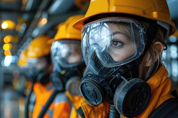 Visual guide depicting the proper use of ear protection and respirators in a noisy and dusty construction environment