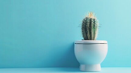 cactus in the toilet on a blue background with space for text, hemorrhoids problem concept