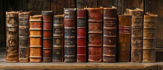 Old leather bound books, stacked, rich patina for a scholarly vintage wallpaper - obrazy, fototapety, plakaty
