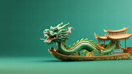 Dragon Boat on green background,Dragon boat Chinese festival, copy space