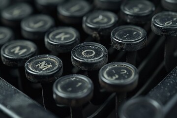 Old typewriter keys, closeup, monochrome for a retro technological background