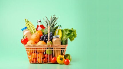 vegetables and fruits in Grocery Food Basket . Shopping, green Background, copy space