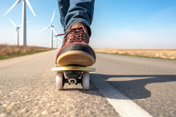 Close-up of a skateboarder in a renewable energy space on a sunny spring day.