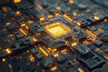 futuristic quantum computing processor chip with glowing circuits 3d render