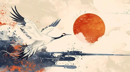 Natural background with Japanese pattern vector. Hand drawn crane bird and cloud elements template with watercolor texture. Abstract art wallpaper in vintage style. 