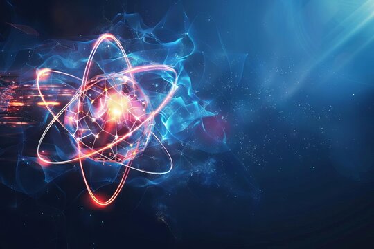 glowing atom structure on dark blue background futuristic scientific illustration