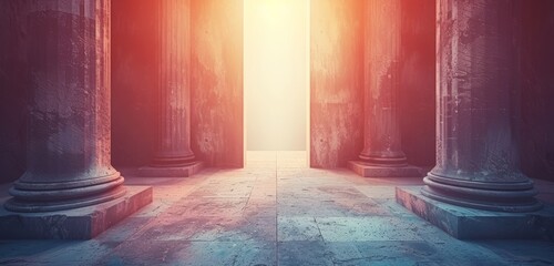 Sunlight streaming through ancient stone columns.