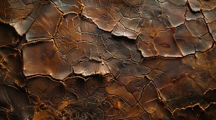 Cracked leather detail, wide view, deep browns for an aged vintage wallpaper - obrazy, fototapety, plakaty