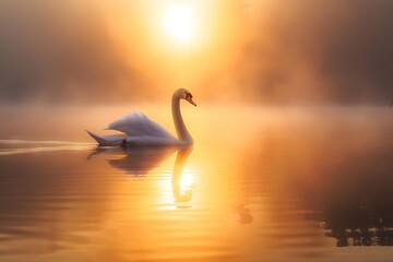 graceful swan gliding on misty lake at sunrise serene nature scene - obrazy, fototapety, plakaty