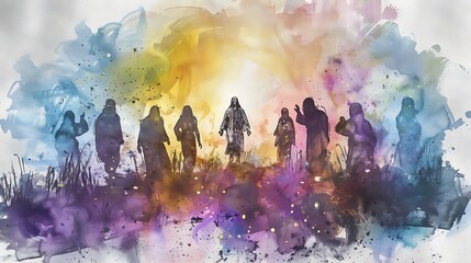 Biblical Resurrection: Jesus Revealed to His Followers. Digital Watercolor Artwork