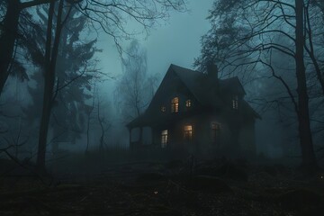 haunted abandoned house in misty forest on eerie halloween night - obrazy, fototapety, plakaty