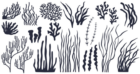 Diverse array of seaweed silhouettes for nautical themes, marine biology illustrations, and educational materials, offering a variety of shapes and sizes to enhance any ocean-related design - obrazy, fototapety, plakaty