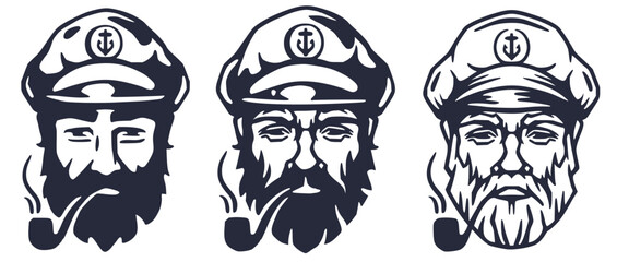 Collection of vintage nautical captain portraits. Set with bearded sailors wearing captain hats and pipes, showcasing their leadership and authority at sea