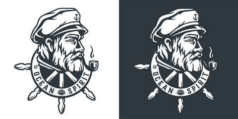 Graphic emblem featuring a stylized man in a captain's hat centered within a ship's wheel, encapsulating the adventurous essence of sea life and nautical exploration