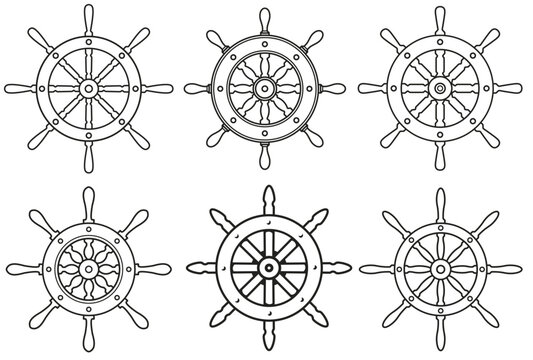 Collection of detailed ship helms depicting various styles of classic nautical steering wheels, set of ship wheels for marine designs and decorations