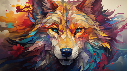 Abstract Wolf Portrait in a Burst of Colorful Brush Strokes
