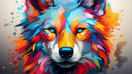 Vibrant Abstract Wolf Head Art in Colorful Splashes