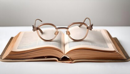 Old glasses on an open book with minimalist background