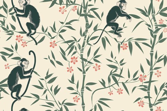 Seamless, playful monkey and bamboo shoot pattern.