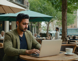 A young entrepreneur working remotely on a laptop in an outdoor cafe, highlighting the flexibility and mobility offered by technology