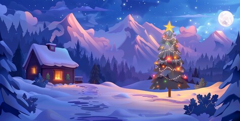 Naklejka premium Christmas tree with ornaments in the winter wonderland landscape, snow, night, decorated xmas tree - festive and lights, holiday and celebration 