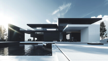 Sleek minimalist home with a black and white color scheme and clean lines, under the sunny sky of a...
