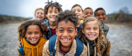 Fototapeta premium Group of happy diverse school children outdoors
