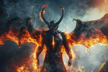 infernal demon with burning horns and wings hellish fantasy creature portrait