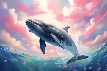 Whale playing in the waves at sunset, watercolor style. World Whale Day