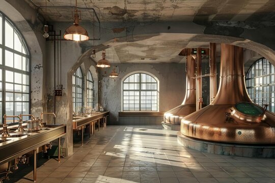interior of old brewery with large copper boilers for brewing beer wort 3d rendering