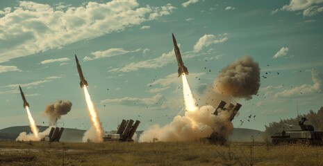 Missile attack - Intense Rocket Launching Operations - Artillery Barrage - obrazy, fototapety, plakaty