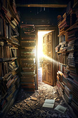 A mysterious doorway made of books, with light emanating from within.