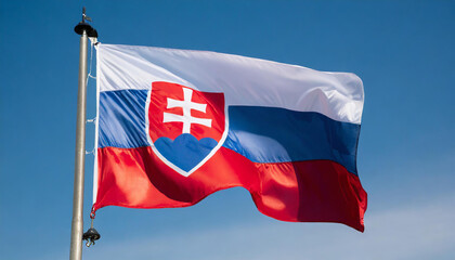 Die Fahne von der Slowakei flattert im Wind, isoliert gegen blauer Himmel
