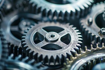 intricately intertwined metal gears and cogs industrial machinery concept closeup view