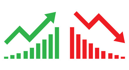 Graph going Up and Down sign with green and red arrows vector. Flat design vector illustration concept of sales bar chart symbol icon with arrow moving down and sales bar chart with arrow moving up.