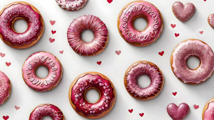 Top view of a variety of glazed donuts. pink donuts with icing as background. Various pastel glazed donuts with sprinkles.