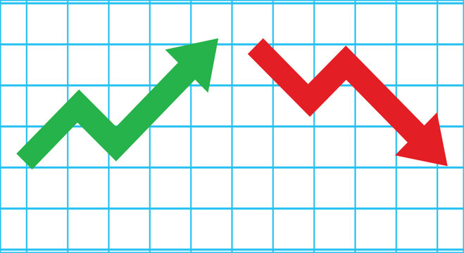 Graph going Up and Down sign with green and red arrows vector. Flat design vector illustration concept of sales bar chart symbol icon with arrow moving down and sales bar chart with arrow moving up.
