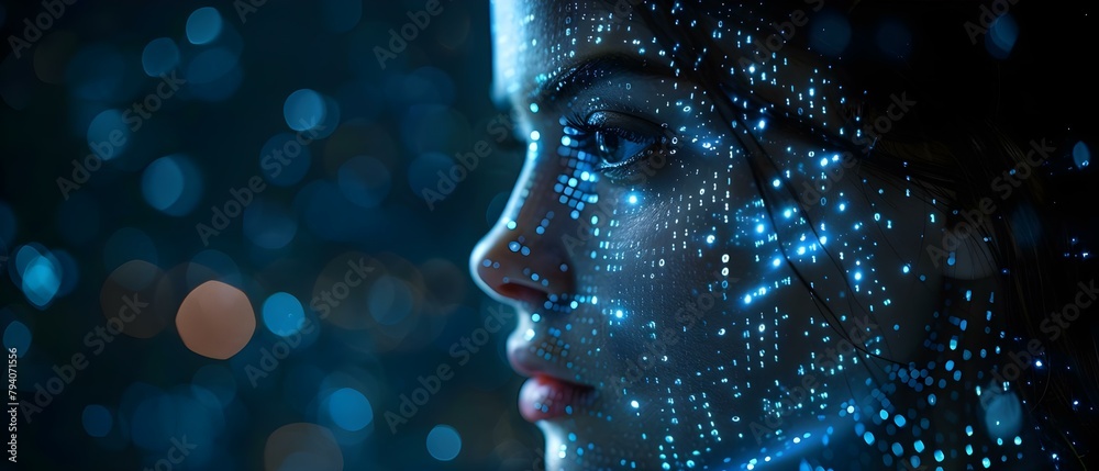 Poster digital female face with ai theme virtual reality binary code on dark screen. concept virtual realit
