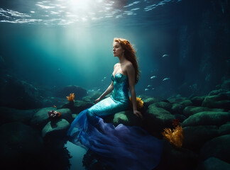 A beautiful mermaid sits in a blue shining dress under water on the stone in the sea bottom. Ai generated
