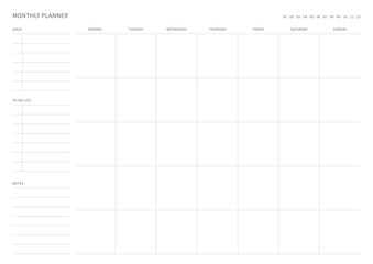 A monthly plan template with a simple and minimal style. Note, scheduler, diary, calendar planner document template illustration. - obrazy, fototapety, plakaty