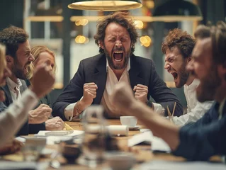Fotobehang A man is yelling at a table with a group of people. The man is wearing a suit and he is angry. The other people at the table are laughing and cheering him on © MaxK