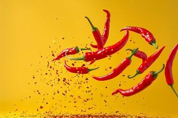 levitating red chili peppers on vivid yellow background creative food still life