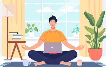 illustration of man doing yoga exercise at home using online lesson on notebook