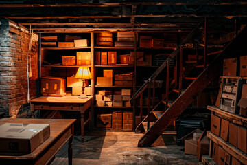 Basement room interior. House storage in cellar. Indoor warehouse with furniture and lamp light. Table, cardboard boxes and wooden staircase - 794072390